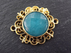 Teal Blue Stone Pendant, Gold Curly Filigree Connector Bezel, Natural Gemstone Charm, Facet Cut Jade, Frame Stone, 22k Matte Gold, 1PC