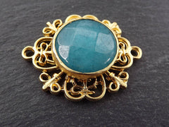 Teal Blue Stone Pendant, Gold Curly Filigree Connector Bezel, Natural Gemstone Charm, Facet Cut Jade, Frame Stone, 22k Matte Gold, 1PC