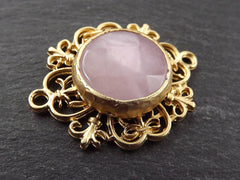 Pink Stone Pendant Connector, Curly Filigree Facet Cut Pale Pink Jade Gemstone Pendant, Artisan Jewelry, 22k Matte Gold Plated, 1pc