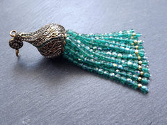 Aqua Beaded Tassel with Facet Cut Czech Glass Fire Polished AB Iridescent Beads Antique Bronze Rhinestone Accents - Swirl Cap