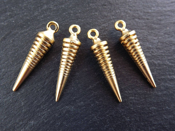 Gold Spike Charms, Gradient Lines Drop Pendulum, Minimalist Charms, Non Tarnish, 22k Matte Gold Plated - 4pc