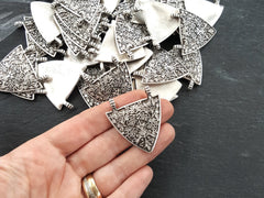Silver Triangle Pendant, Floral Pendant, Victorian, Floral Pattern, Fleur de lis, Triangle Necklace Pendant, 2 loops, Antique Silver Plated