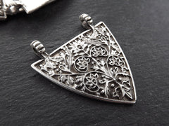 Silver Triangle Pendant, Floral Pendant, Victorian, Floral Pattern, Fleur de lis, Triangle Necklace Pendant, 2 loops, Antique Silver Plated