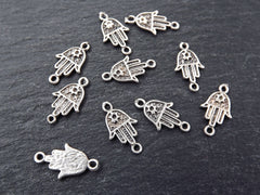 10 Mini Delicate Hamsa Hand of Fatima Charm Connector Rustic Style - Matte Antique Silver Plated