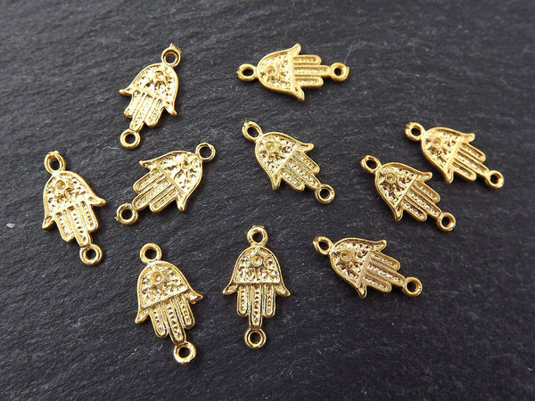 10 Mini Hamsa Hand of Fatima Charm Connector, Tiny Hamsa Charm, Tiny Bracelet Charm, Rustic Style, Jewish Hamsa, 22k Matte Gold Plated