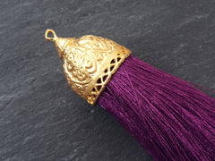 Extra Large Thick Magenta Purple Silk Thread Tassel Pendant with Ornate 22k Matte Gold Plated Cap Jewelry Supplies - 4.6 inches - 117mm 1 pc