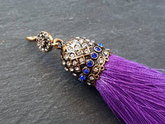 Large Thick Purple Heart Silk Thread Tassel Pendant with Turquoise Rhinestone Ornate Antique Bronze Tassel Cap - 4.4 inches - 113mm - 1 pc
