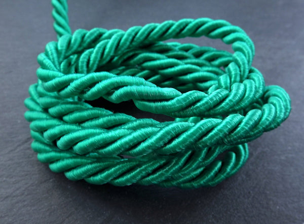 Teal Green 7mm Cord Rayon Satin Rope Silk Braid, Twisted Rope Jewelry Necklace Cord  - 3 Ply Twist - 1 meters - 1.09 Yards