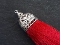 Extra Large Thick Red Silk Thread Tassel Pendant with Ornate Silver Plated Cap Jewelry Supplies - 4.6 inches - 117mm - 1 pc