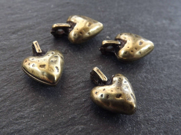 Rustic Heart Charm Pendants, Cast Chunky Love Heart Charm, Hammered Plump Heart Charms,  Antique Bronze Plated, 4pcs