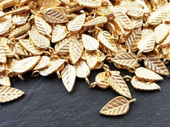 Leaf Charms Pendants, Stamped Leaf Drop Charms Autumn Leaves Fall, 22k Matte Gold Plated, 15pc