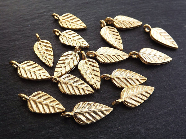 Leaf Charms Pendants, Stamped Leaf Drop Charms Autumn Leaves Fall, 22k Matte Gold Plated, 15pc