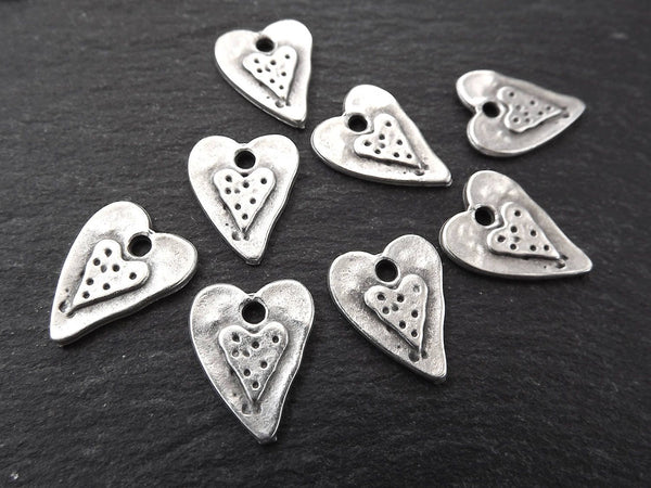 8 Small Double Silver Heart Charms Hammered Detail Love Boho Bohemian Rustic Charm Turkish Jewelry Supplies Matte Antique Silver Plated