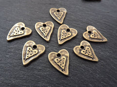 8 Small Double Heart Charms Hammered Detail - Antique Bronze Plated
