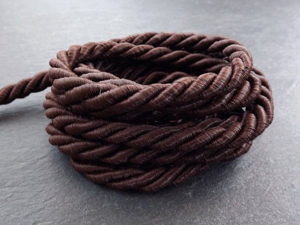 Pecan Brown 7mm Cord Rayon Satin Rope Silk Braid, Twisted Rope Jewelry Necklace Cord  - 3 Ply Twist - 1 meters - 1.09 Yards