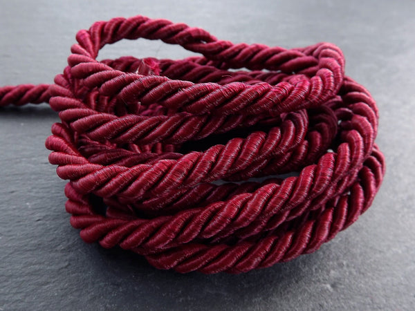7mm Burgundy Rope Cord Twisted Rayon Satin Rope Silk Braid, Twisted Rope Jewelry Necklace Cord - 3 Ply Twist - 1 meters - 1.09 Yards