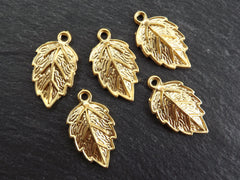 Leaf Pendant Charm, Serrate Metal Leaves Drop Foliage Charms, 22k Matte Gold Plated