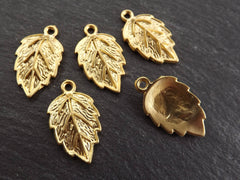 Leaf Pendant Charm, Serrate Metal Leaves Drop Foliage Charms, 22k Matte Gold Plated