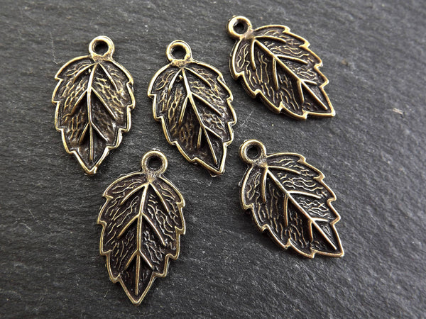 Small Leaf Pendant Charm, Serrate Metal Leaves Drop Foliage Charms, Antique Bronze Plated, 5pc