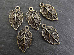 Small Leaf Pendant Charm, Serrate Metal Leaves Drop Foliage Charms, Antique Bronze Plated, 5pc