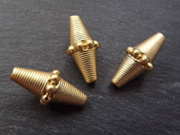 Large Long Gold Beads, Ethnic Dotted Round Long Conical Metal Bead Spacers, 22k Matte Gold Plated,3pc