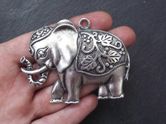 Elephant Pendant with Decorative Leaf Saddle, African Elephant, Ethnic Necklace Pendant, Matte Antique Silver Plated