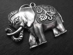 Elephant Pendant with Decorative Leaf Saddle, African Elephant, Ethnic Necklace Pendant, Matte Antique Silver Plated