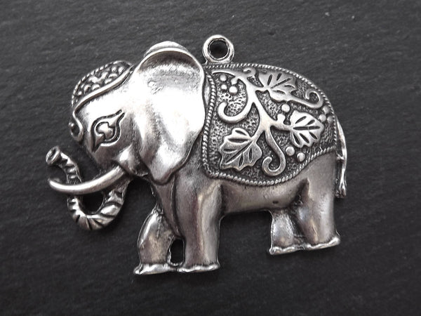 Elephant Pendant with Decorative Leaf Saddle, African Elephant, Ethnic Necklace Pendant, Matte Antique Silver Plated