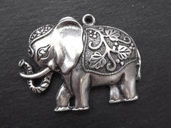 Elephant Pendant with Decorative Leaf Saddle, African Elephant, Ethnic Necklace Pendant, Matte Antique Silver Plated