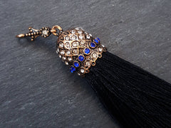 Large Thick Black Silk Thread Tassel Pendant with Turquoise Rhinestone Ornate Antique Bronze Tassel Cap - 4.4 inches - 113mm - 1 pc