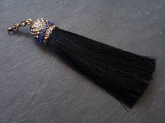 Large Thick Black Silk Thread Tassel Pendant with Turquoise Rhinestone Ornate Antique Bronze Tassel Cap - 4.4 inches - 113mm - 1 pc