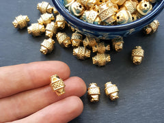 Ethnic Long Cuboid Barrel Bead Spacers - 22k Matte Gold Plated Brass - 3pc