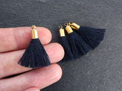 Mini Deep Navy Soft Thread Tassels Earring Bracelet Tassel Fringe Turkish Findings, 22k Matte Gold Plated Cap - 26mm - 4pc