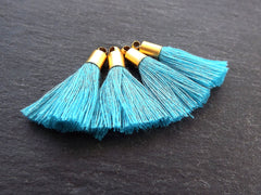 Mini Sky Blue Soft Thread Tassels Earring Bracelet Tassel Fringe Turkish Findings - 22k Matte Gold Plated Cap - 26mm - 4pc - NEW CAP