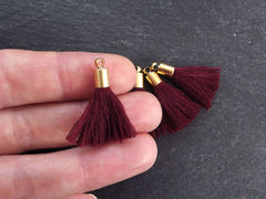 Mini Burgundy Soft Thread Tassels Earring Bracelet Tassel Fringe Turkish Findings - 22k Matte Gold Plated Cap - 26mm - 4pc - NEW CAP