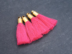Mini Fuchsia Pink Soft Thread Tassels Earring Bracelet Tassel Fringe Turkish Findings - 22k Matte Gold Plated Cap - 26mm - 4pc - NEW CAP