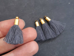 Mini Deep Gray Soft Thread Tassels Earring Bracelet Tassel Fringe Turkish Findings - 22k Matte Gold Plated Cap - 26mm - 4pc - NEW CAP