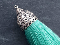 Turquoise Silk Tassel Pendant, Extra Large Thick Pale Thread Tassel with Ornate Silver Plated Cap, 1pc