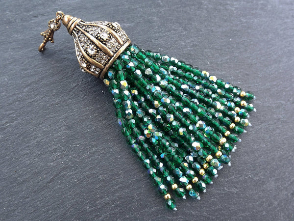 Shamrock Green Beaded Tassel with Facet Cut Czech Glass Fire Polished AB Iridescent Beads Antique Bronze Rhinestone Accents - 1PC