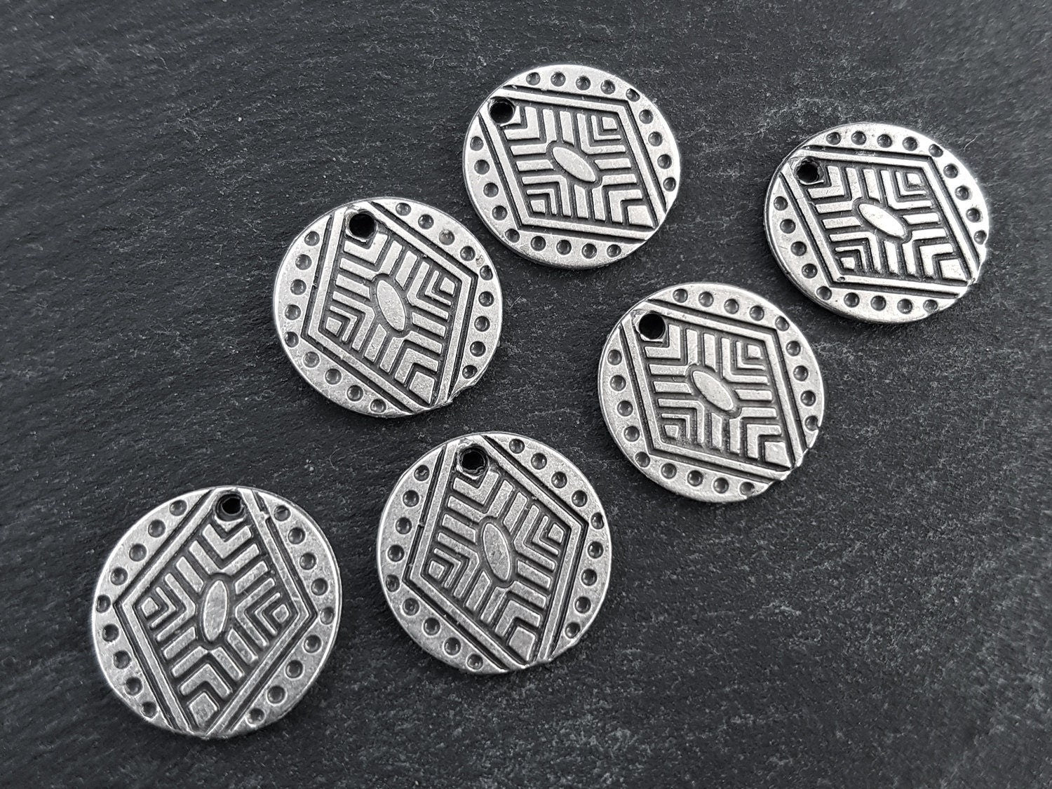 6 Tribal Style Round Disc Pendant Charms Rustic Jewelry Making Ethnic Silver Supplies Findings - Matte Antique Silver Plated