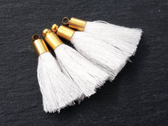 Mini White Tassels Earring Bracelet Tassel Fringe Turkish Findings Soft Thread  - 22k Matte Gold Plated Cap - 26mm - 4pc - NEW CAP