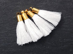 Mini White Tassels Earring Bracelet Tassel Fringe Turkish Findings Soft Thread - 22k Matte Gold Plated Cap - 26mm - 4pc - NEW CAP
