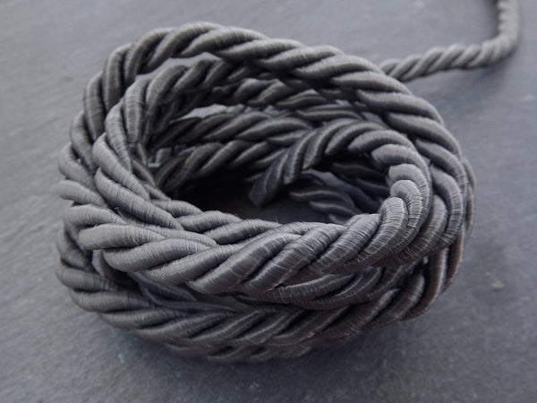 Pebble Gray 7mm Twisted Rayon Satin Rope Silk Braid Cord - 3 Ply Twist - 1 meters - 1.09 Yards