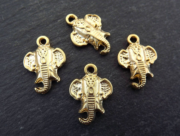 Small Elephant Head Pendant Charms, African Elephant, Tribal Drop Charms, Lucky Charms, 22k Matte Gold , 4pc