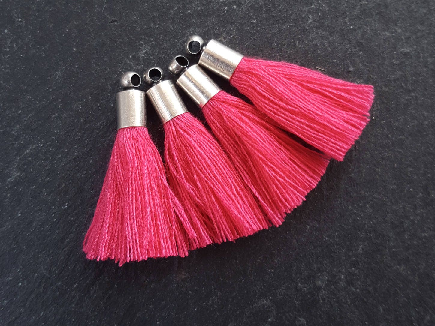 Mini Fuchsia Pink Soft Thread Tassels Earring Bracelet Tassel Fringe Findings - Antique Matte Silver Plated Cap - 26mm - 4pc - NEW CAP
