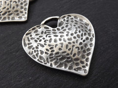 Large Silver Hammered Love Heart Pendant, Rustic Charm, Turkish Jewelry Making Supplies, Matte Antique Silver Plated - 1pc