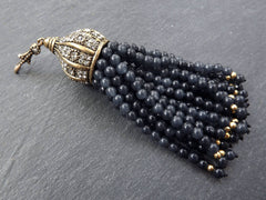 Large Long Dark Gray Jade Stone Beaded Tassel with Crystal Accents - Antique Bronze - 1PC