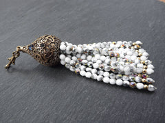 White Silver Beaded Tassel with Facet Cut Czech Glass Fire Polished AB Iridescent Beads - Pear Shape Cap - Antique Bronze - 1PC