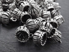 4 Ornate Tassel Caps - Small Size - Matte Antique Silver Plated Round Bead caps