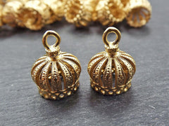 2 Ornate Tassel Caps - Medium Size - 22k Matte Gold Plated Round Round Bead caps